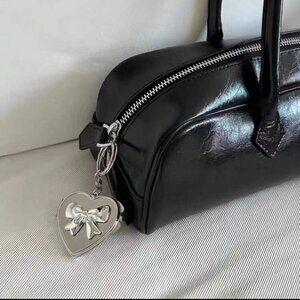 Silver Bow-Knot & Heart-Shaped Mirror Purse Bag Charm Keychain